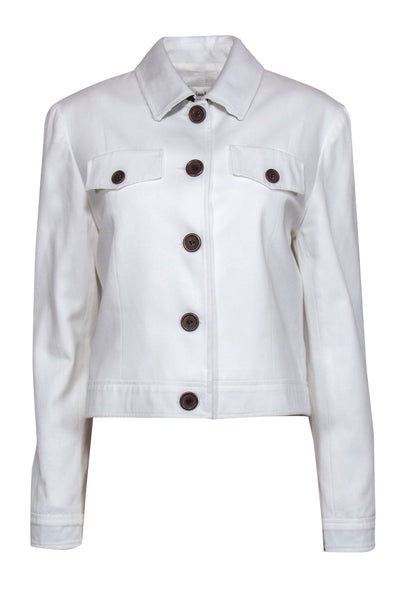 Current Boutique-Neiman Marcus - White Cotton Cropped Jacket w/ Brown Buttons & Trim Sz 6