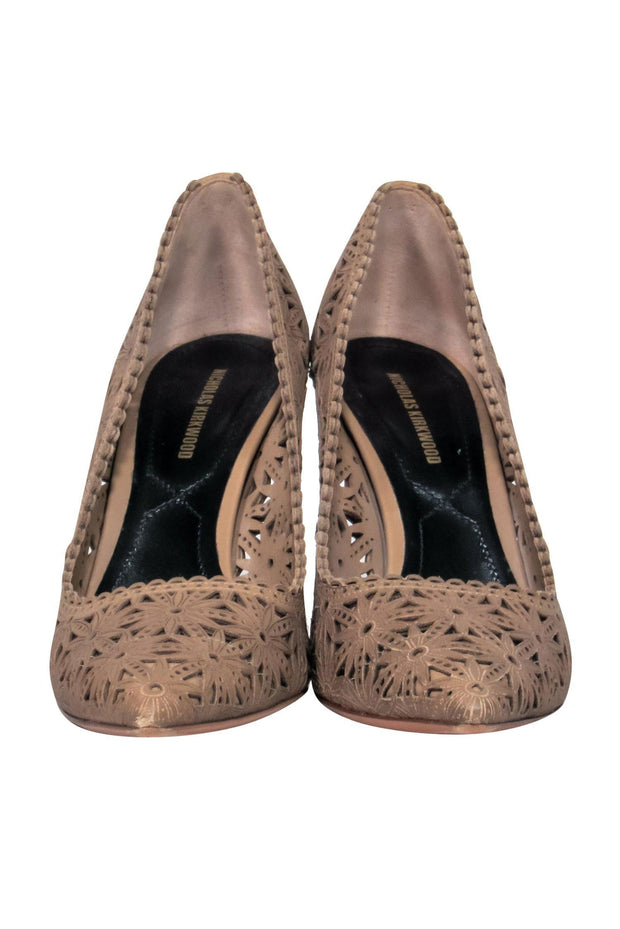 Current Boutique-Nicholas Kirkwood - Brown Leather Laser Cut Floral Pumps Sz 7.5