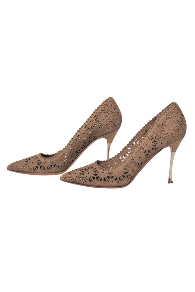 Current Boutique-Nicholas Kirkwood - Brown Leather Laser Cut Floral Pumps Sz 7.5