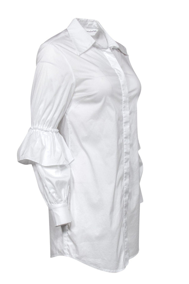 Current Boutique-Nicholas - White Collared Shirt Dress w/ Ruffle Sleeves Sz 2