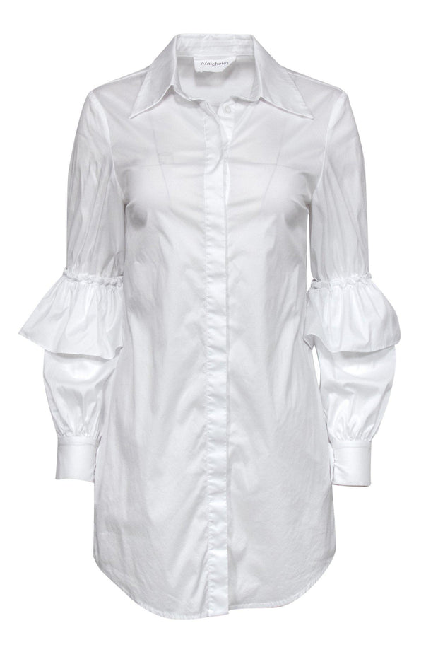 Current Boutique-Nicholas - White Collared Shirt Dress w/ Ruffle Sleeves Sz 2