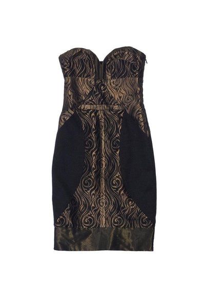 Current Boutique-Nicole Miller - Black & Bronze Print Strapless Dress Sz 0