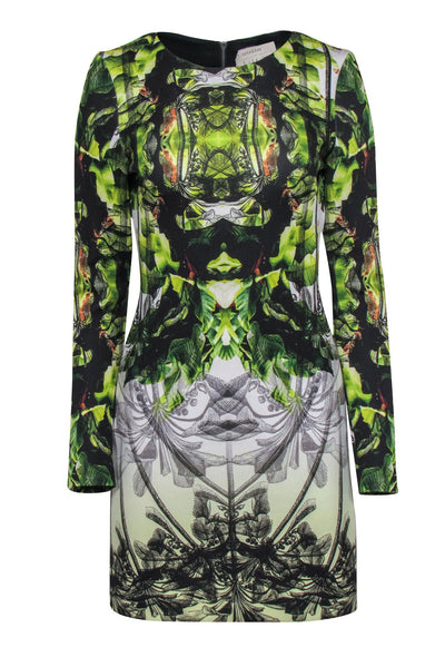 Current Boutique-Nicole Miller - Black & Green Floral Print Long Sleeve Bodycon Dress Sz 6