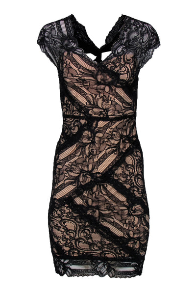 Current Boutique-Nicole Miller - Black Lace Plunge Bodycon w/ Twisted Back Sz P