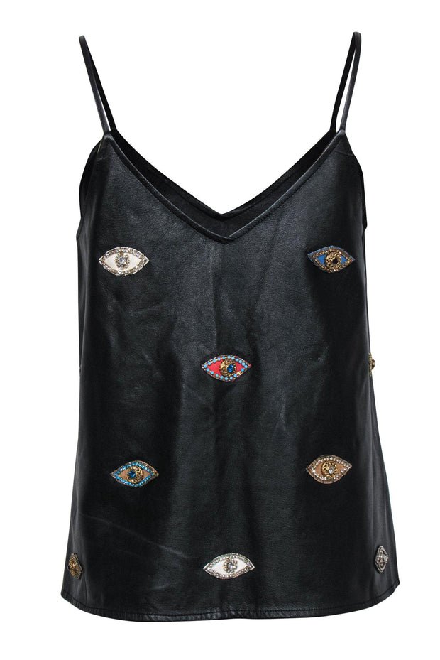 Current Boutique-Nicole Miller - Black Leather Structured Tank w/ Embellished Evil Eyes Sz M