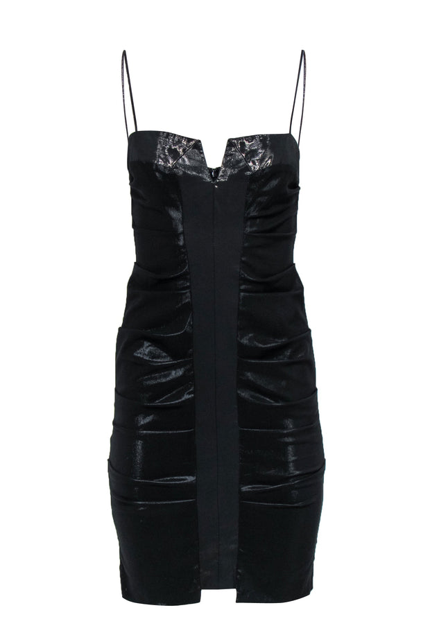 Current Boutique-Nicole Miller - Black Metallic Ruched Satin Cocktail Dress Sz 2