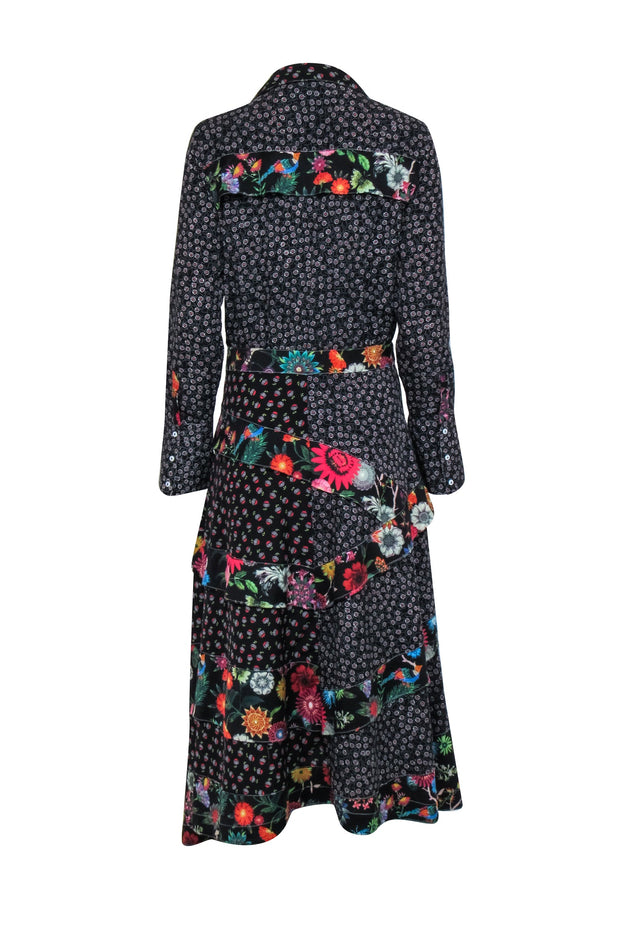 Current Boutique-Nicole Miller - Black Mixed Pattern Asymmetrical Midi Shirt Dress w/ Ruffle Sz 8