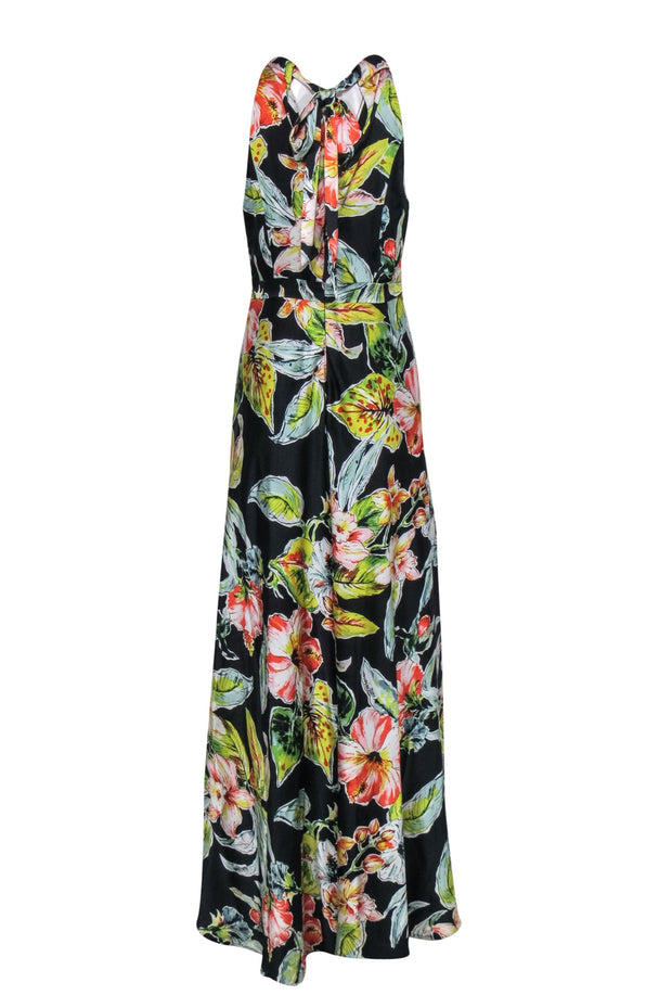 Current Boutique-Nicole Miller - Black Silk Floral Print Halter Top Maxi Dress Sz 6