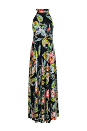 Current Boutique-Nicole Miller - Black Silk Floral Print Halter Top Maxi Dress Sz 6