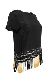 Current Boutique-Nicole Miller - Black Top w/ Sequins & Fringe Hem Sz S