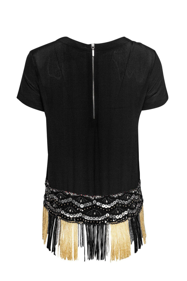 Current Boutique-Nicole Miller - Black Top w/ Sequins & Fringe Hem Sz S