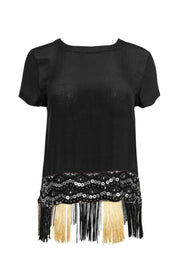 Current Boutique-Nicole Miller - Black Top w/ Sequins & Fringe Hem Sz S