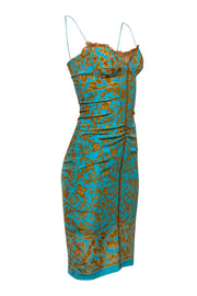 Current Boutique-Nicole Miller - Blue & Gold Filigree Printed Silk Slip Dress Sz 0