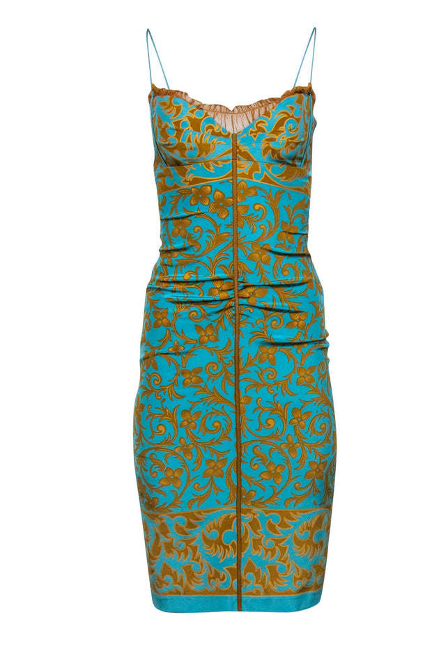 Current Boutique-Nicole Miller - Blue & Gold Filigree Printed Silk Slip Dress Sz 0