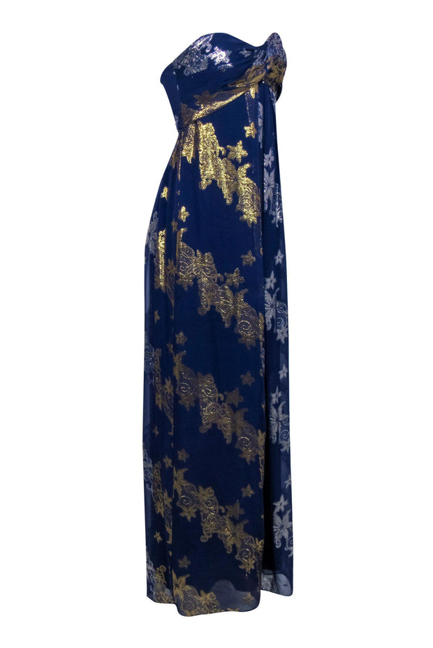 Current Boutique-Nicole Miller - Blue, Gold & Silver Floral Print Strapless Gown Sz 6