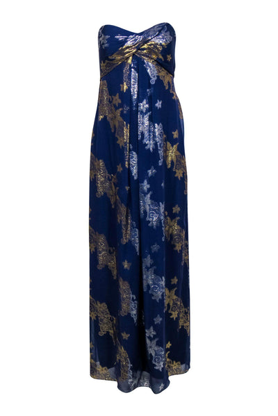 Current Boutique-Nicole Miller - Blue, Gold & Silver Floral Print Strapless Gown Sz 6