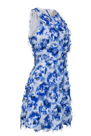 Current Boutique-Nicole Miller - Blue & White Print Fuzzy Frayed Dress Sz 6