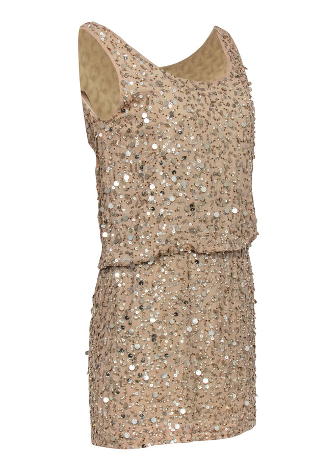 Current Boutique-Nicole Miller - Bronze Sequin Silk Cocktail Dress w/ Draped Back Sz M