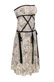 Current Boutique-Nicole Miller - Cream Printed Strapless Dress w/ Black Ribbon Trim Sz 0