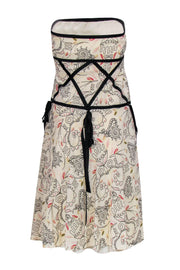 Current Boutique-Nicole Miller - Cream Printed Strapless Dress w/ Black Ribbon Trim Sz 0