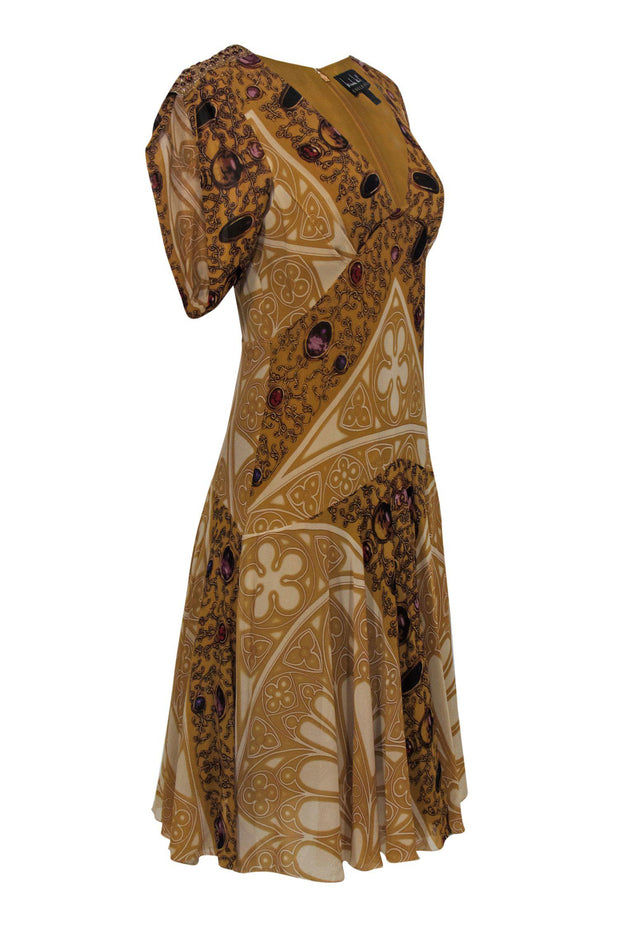 Current Boutique-Nicole Miller - Golden Jewel Printed Flare Dress Sz 10