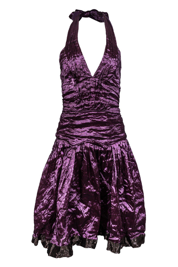 Current Boutique-Nicole Miller - Metallic Purple Ruched Halter Dress Sz 4