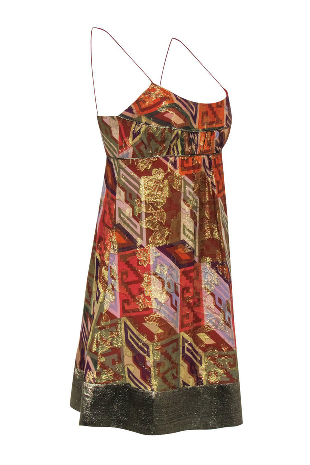 Current Boutique-Nicole Miller - Metallic Silk Printed Spaghetti Strap Mini Dress Sz 4