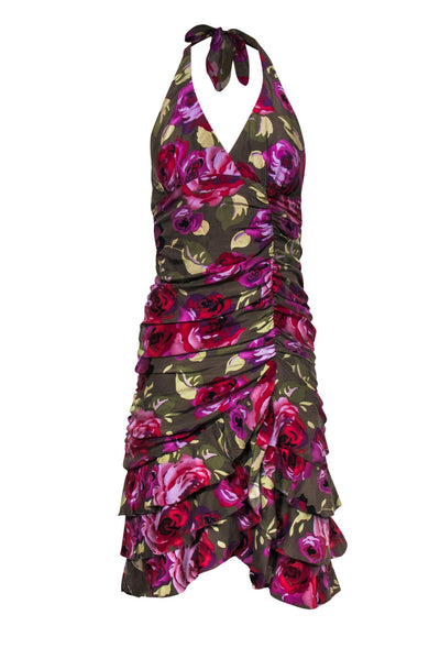 Current Boutique-Nicole Miller - Olive & Purple Floral Ruched Halter Dress Sz 2