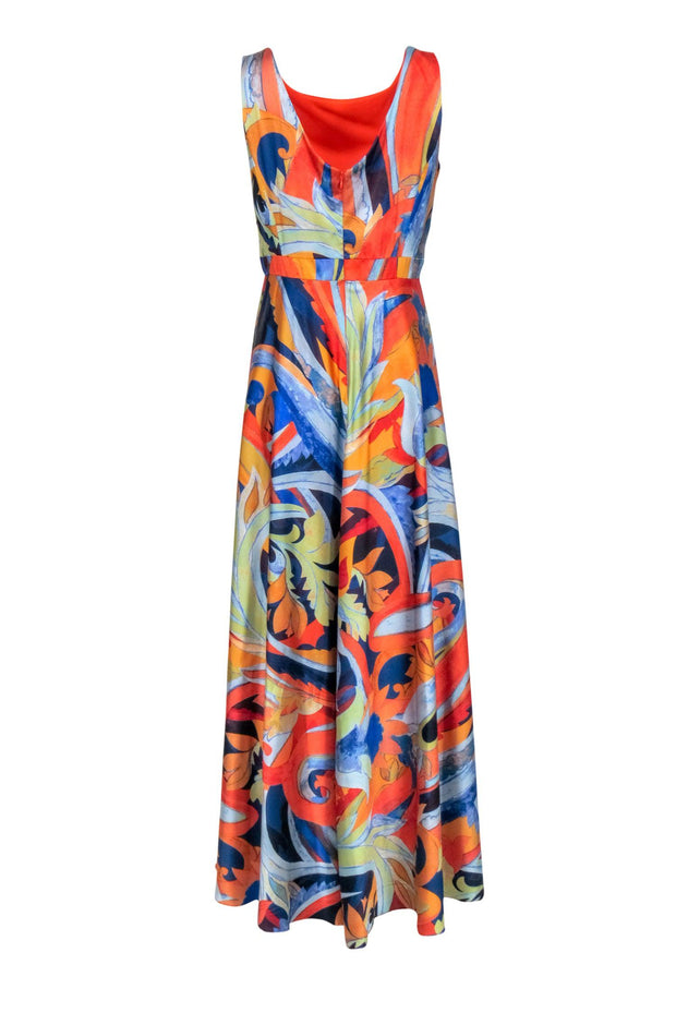 Current Boutique-Nicole Miller - Orange & Blue Swirl Print Sleeveless Maxi Dress Sz 10