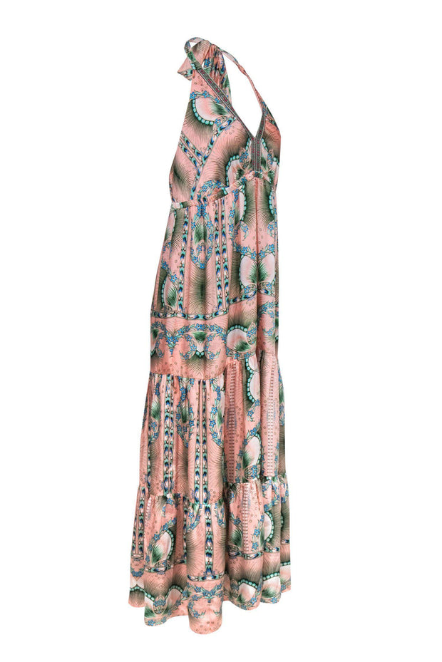 Current Boutique-Nicole Miller - Pink, Green & Blue Floral Print Tiered Halter Maxi Dress Sz 10