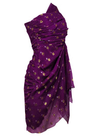 Current Boutique-Nicole Miller - Purple Pleated One-Shoulder Dress w/ Silver & Gold Polka Dots Sz 0