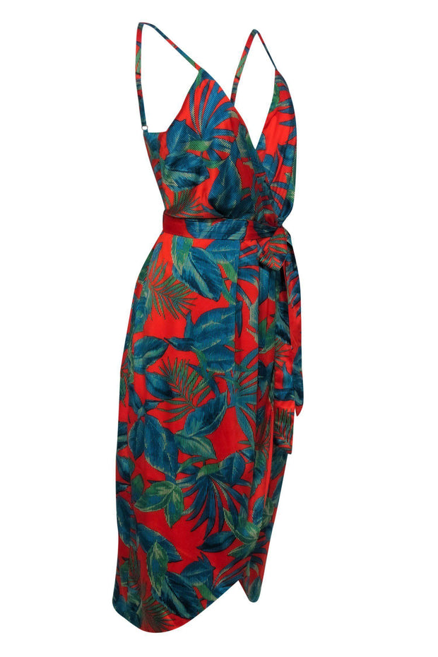 Current Boutique-Nicole Miller - Red & Teal Palm Pattern Midi Wrap Dress Sz 8