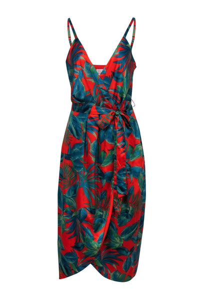 Current Boutique-Nicole Miller - Red & Teal Palm Pattern Midi Wrap Dress Sz 8