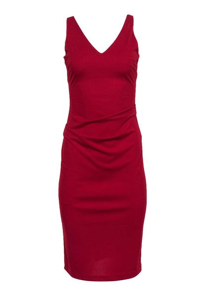 Current Boutique-Nicole Miller - Red V-Neck A-Line Dress w/ Ruching Sz 2