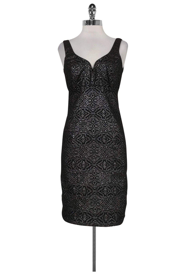 Current Boutique-Nicole Miller - Silver & Black Brocade Print Dress Sz 6