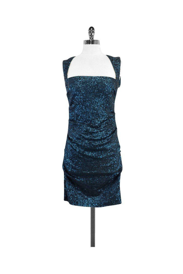 Current Boutique-Nicole Miller - Teal Sequin Cap Sleeve Dress Sz 6