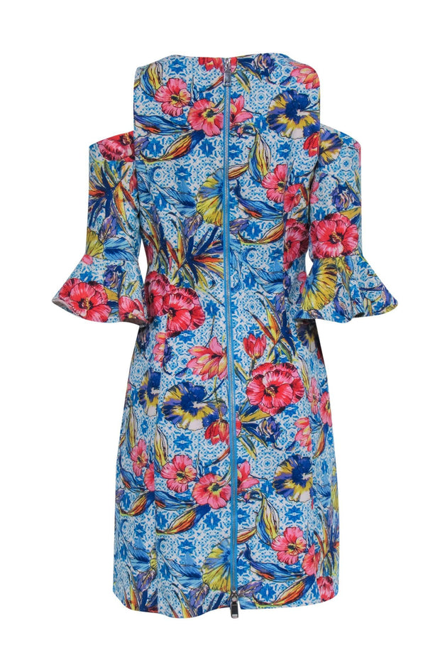 Current Boutique-Nicole Miller - Turquoise & White Floral Print Sheath Dress w/ Cold Shoulders Sz 4