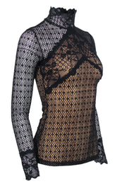 Current Boutique-Night Cap - Black Lace Turtleneck Top w/ Nude Underlay Sz 0