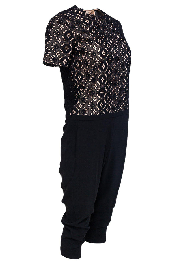 Current Boutique-No. 21 - Black Eyelet Lace Jumpsuit w/ Blush Pink Underlay Sz 2