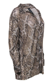 Current Boutique-Norma Kamali - Green & Grey Snakeskin Print Sheer Long Sleeve Button-Up Blouse Sz L