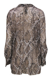 Current Boutique-Norma Kamali - Green & Grey Snakeskin Print Sheer Long Sleeve Button-Up Blouse Sz L