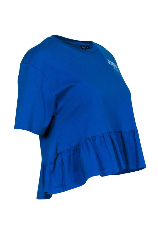 Current Boutique-Opening Ceremony - Blue Short Sleeve Peplum Tee w/ Front & Back Logo Graphics Sz S