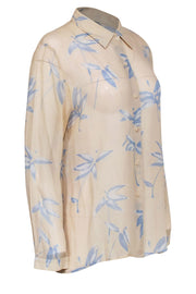 Current Boutique-Oscar by Oscar de la Renta - Beige w/ Blue Floral Print Sheer Button-Up Blouse Sz 10