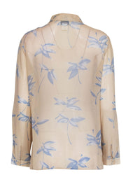 Current Boutique-Oscar by Oscar de la Renta - Beige w/ Blue Floral Print Sheer Button-Up Blouse Sz 10