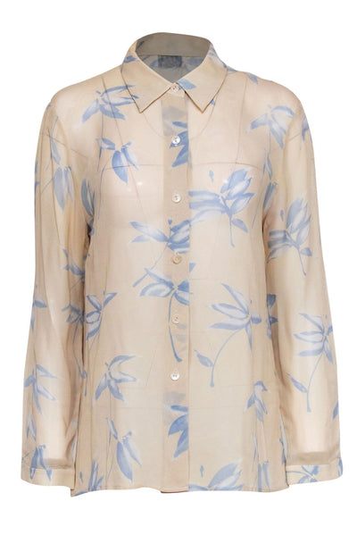 Current Boutique-Oscar by Oscar de la Renta - Beige w/ Blue Floral Print Sheer Button-Up Blouse Sz 10