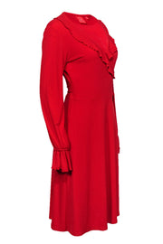 Current Boutique-Oscar by Oscar de la Renta - Red Long Sleeve Ruffle Wrap Dress Sz 8