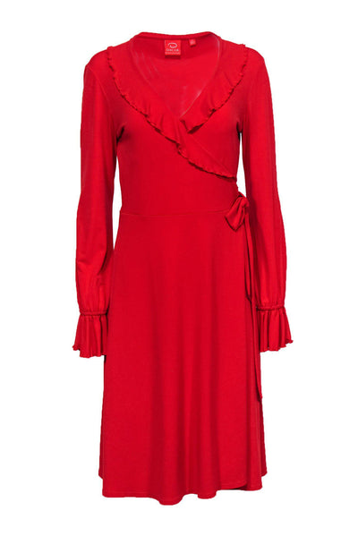 Current Boutique-Oscar by Oscar de la Renta - Red Long Sleeve Ruffle Wrap Dress Sz 8