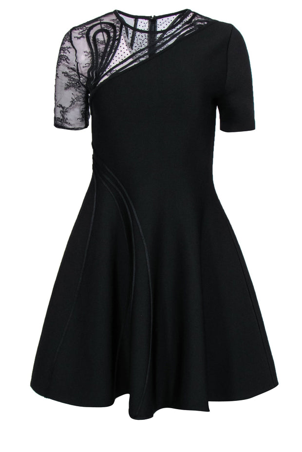 Current Boutique-Oscar de la Renta - Black Fit & Flared Dress w/ Patterned Mesh Design Sz M