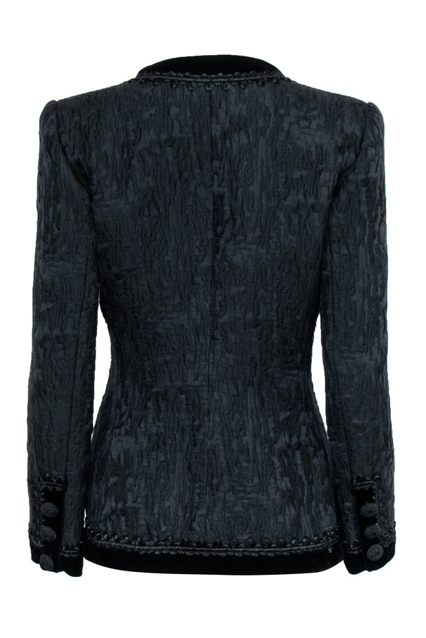 Current Boutique-Oscar de la Renta - Black Jacquard Jacket w/ Fabric Buttons & Velvet Trim Sz 10