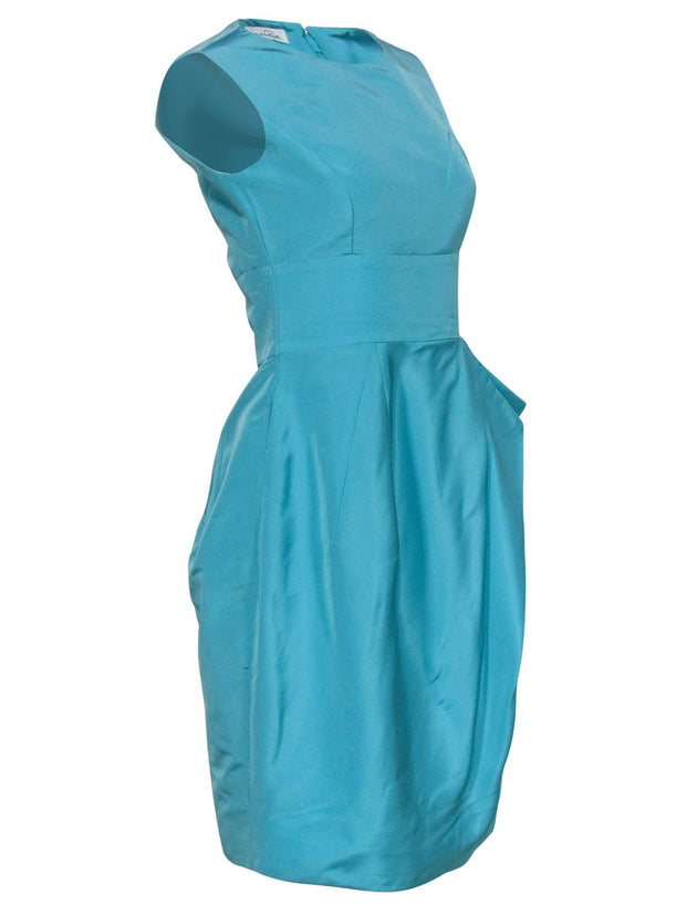 Current Boutique-Oscar de la Renta - Caribbean Blue Silk Sheath Dress w/ Ruffles Sz 10